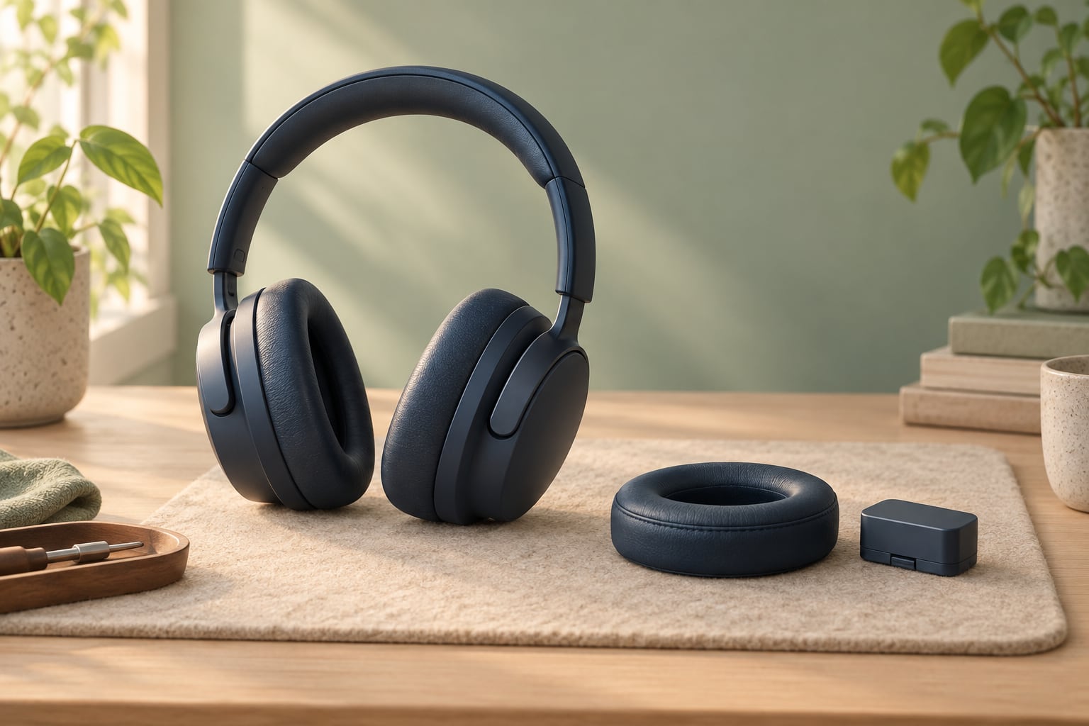 Conceptual headphones with a spare ear cushion and closed battery module