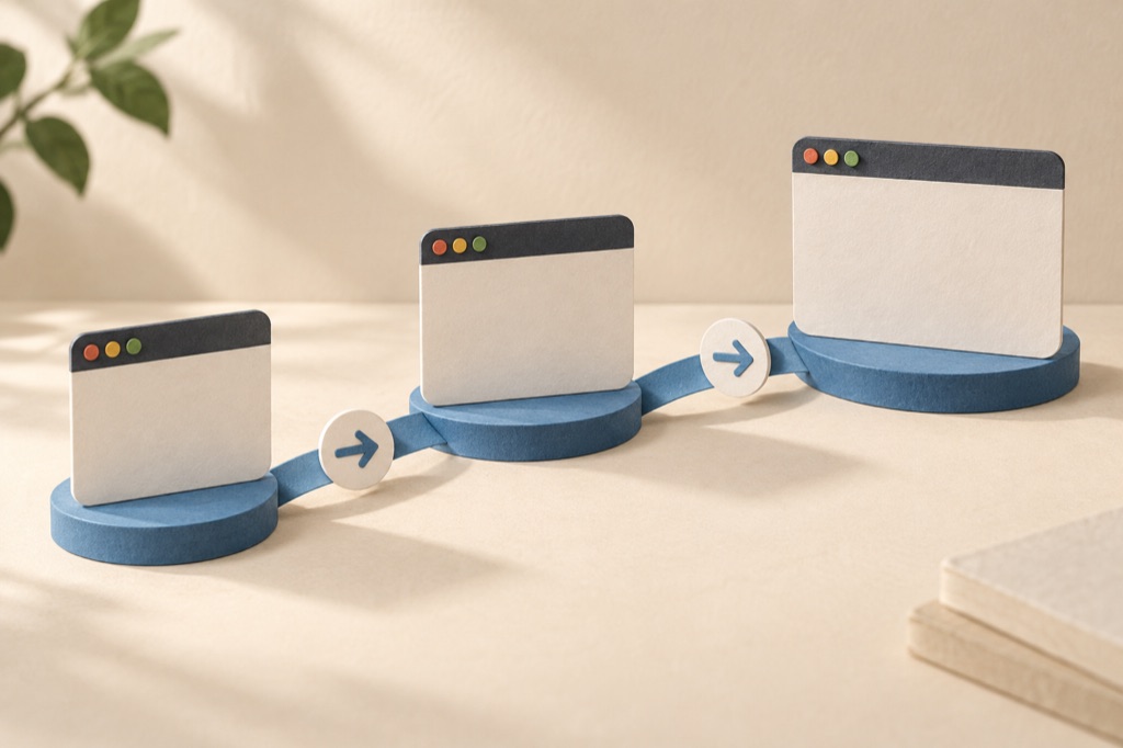Illustrated paper browser windows arranged as successive updates