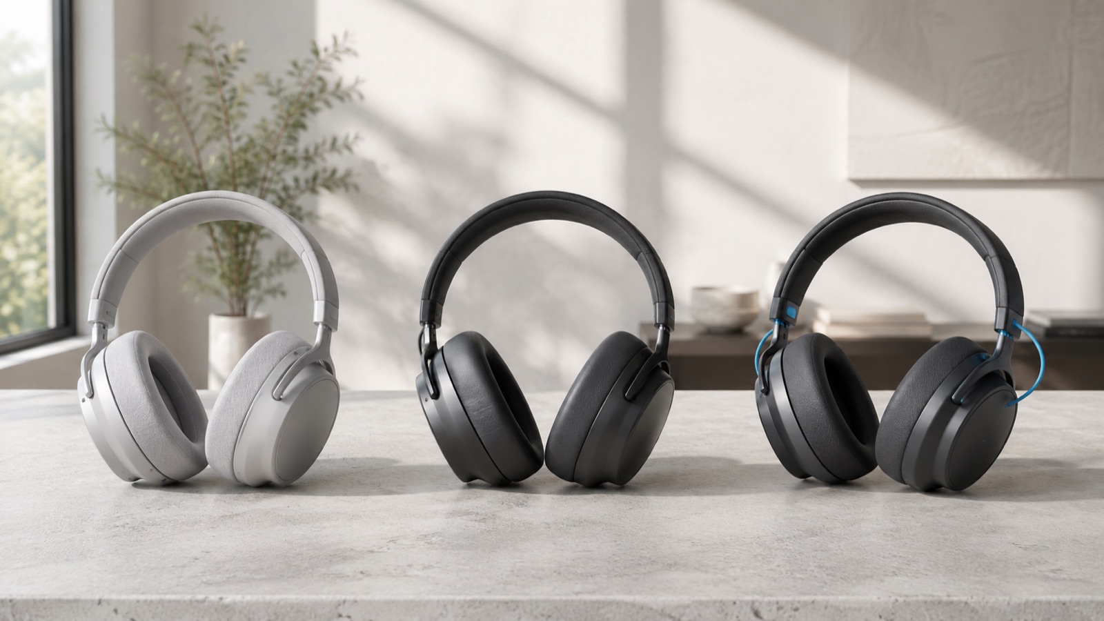 Several unbranded wireless headphones arranged for comparison.