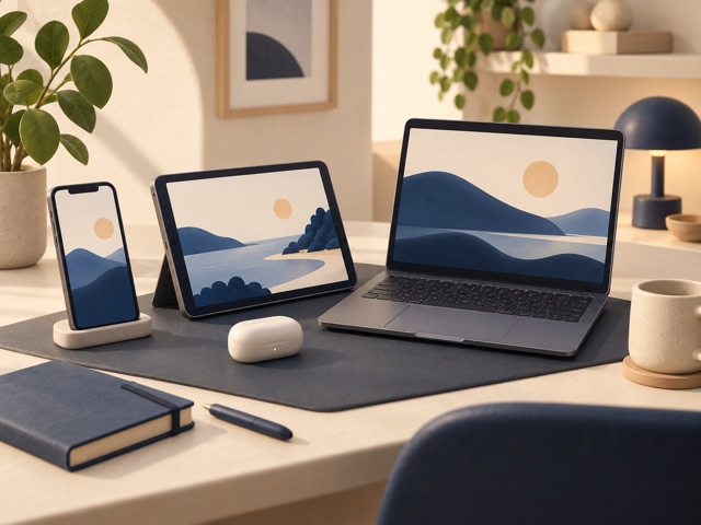 A generic phone, tablet, laptop and earbud case on a desk