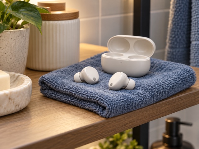 Generic earbuds and an open case resting on a dry cloth