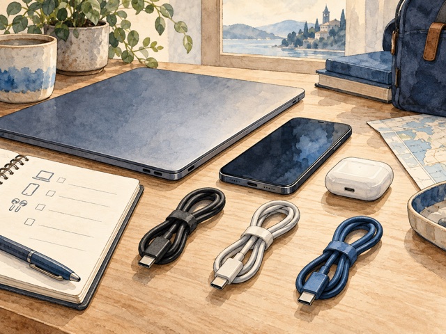 A laptop, phone, earbud case and charging leads arranged before travel