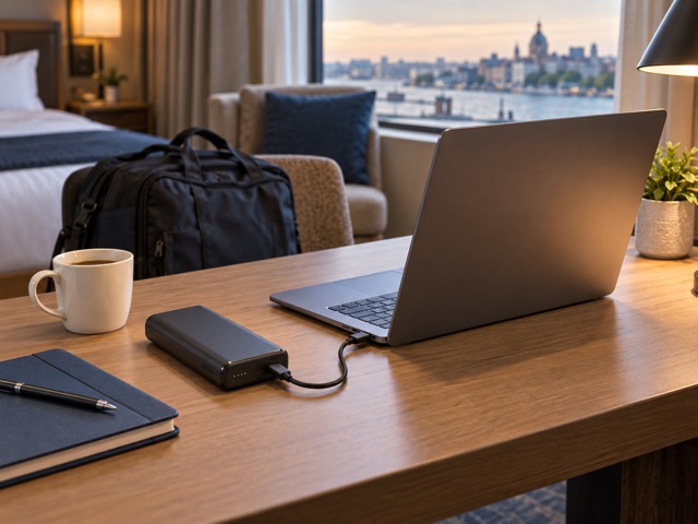 A generic power bank connected to a laptop on a hotel desk