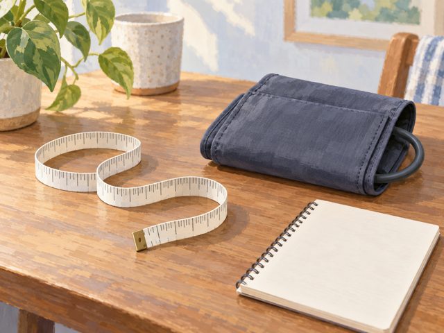 A generic upper-arm cuff beside a measuring tape