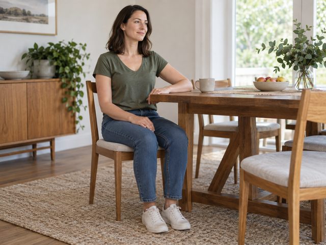 A seated adult with feet supported and an arm resting on a table