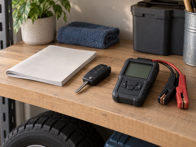 A vehicle manual and generic tester on a garage shelf.