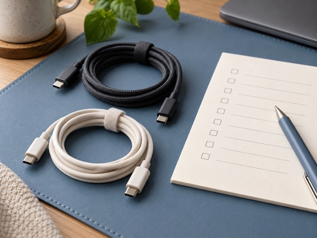 Two generic USB-C cables beside a blank checklist.