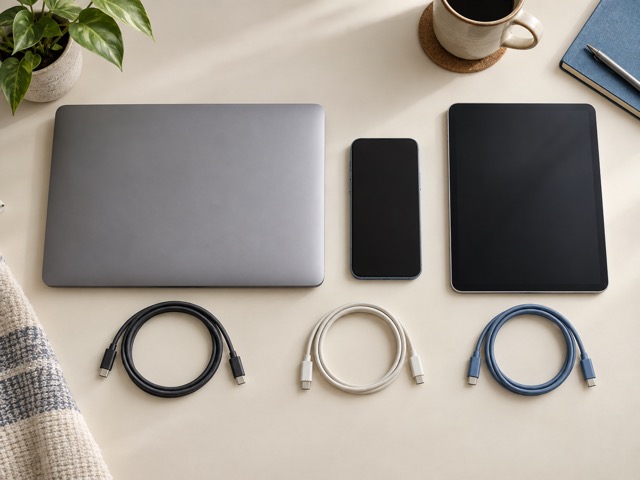 Generic laptop, phone and tablet beside separate charging cables.