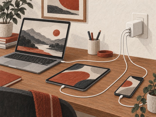 A laptop, tablet and phone connected to one generic wall charger.