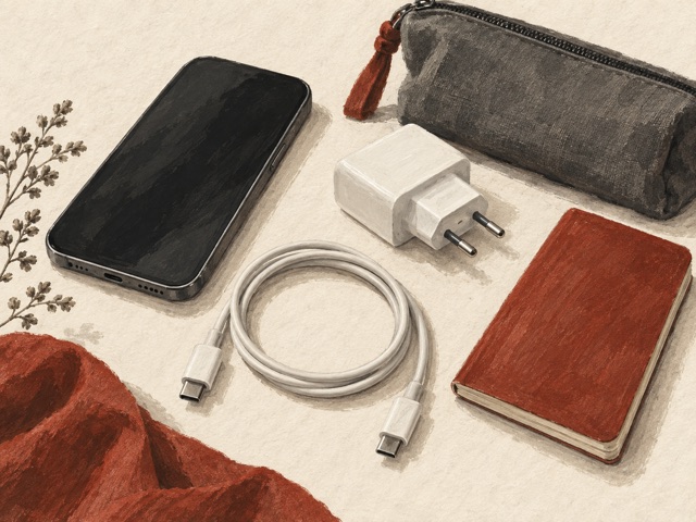 An unbranded EU charger, phone, coiled cable and travel pouch.