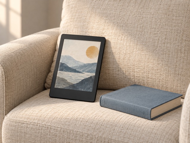 A generic colour e-reader with abstract landscape artwork beside a closed book.
