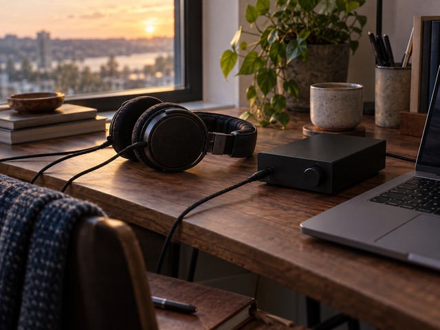 Headphones and a compact audio device on a quiet listening desk.