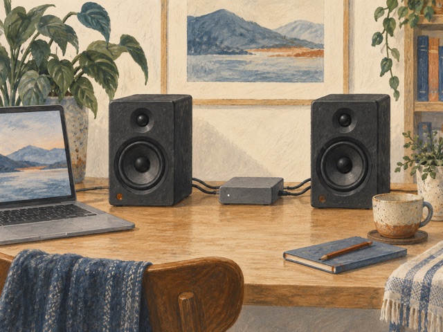 An audio source and powered speakers arranged on a desk.