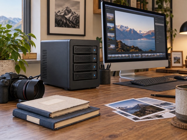 A generic multi-drive enclosure beside a photographer’s computer