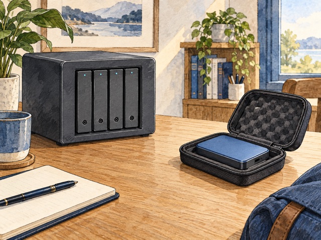 A multi-drive enclosure and a separate portable drive in a protective case