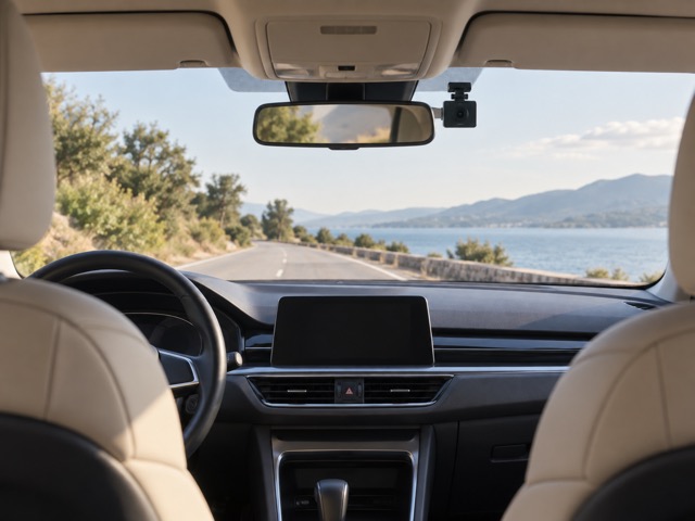 A generic small dash camera positioned near a parked car’s rearview mirror.