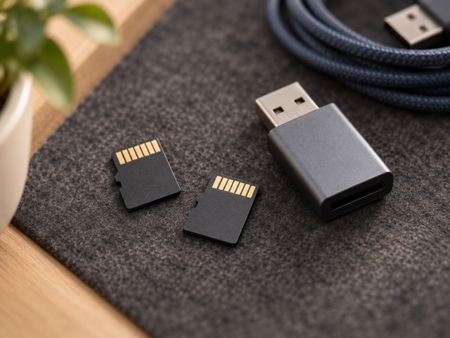 Unbranded memory cards and a card reader on a desk.