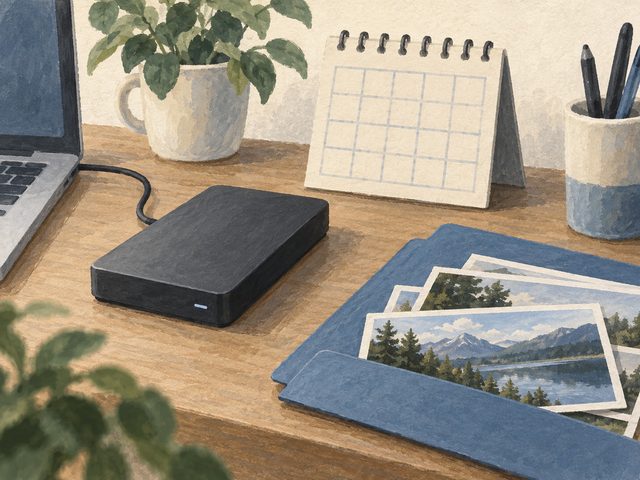 A generic backup drive beside a calendar and photo folder