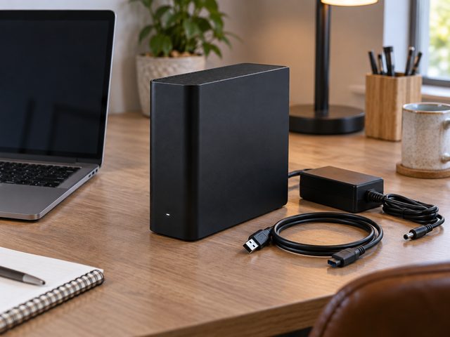 A generic desktop drive with separate power adapter and USB cable