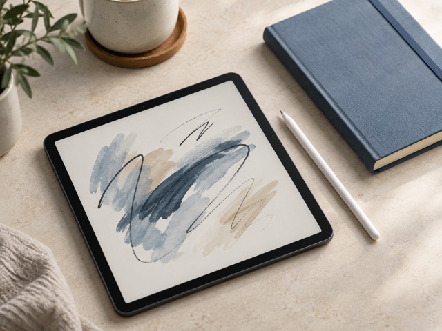 An unbranded writing tablet beside a stylus and notebook.