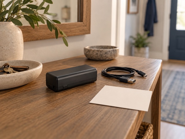 Generic disconnected battery and cable beside a blank reminder card.