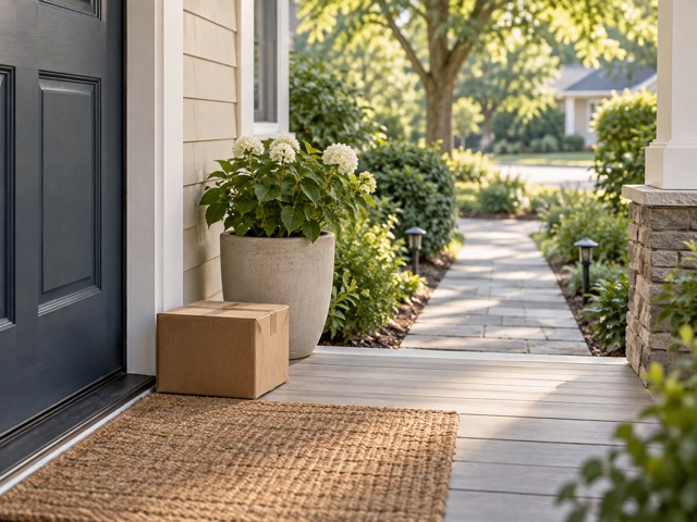 An empty porch with a parcel and a clear path to the entrance.