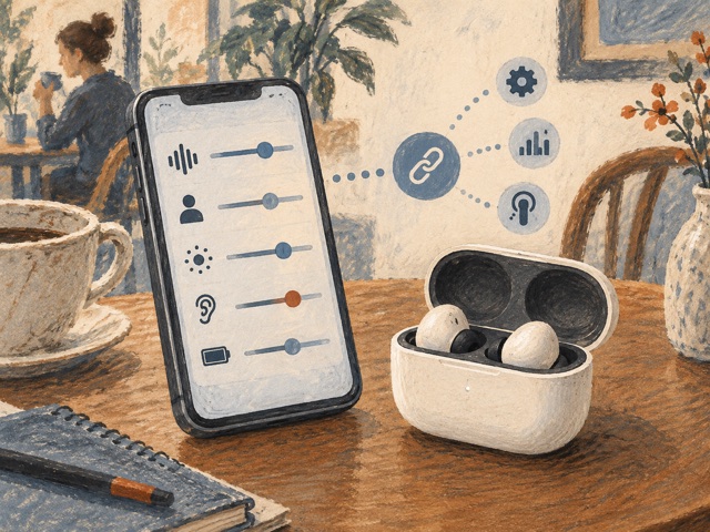 Unbranded earbuds and a phone with abstract settings on a café table.