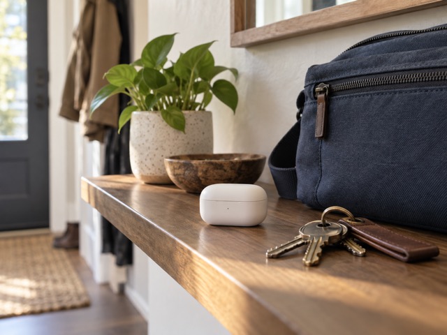 Generic charging case beside keys and a commuter bag.