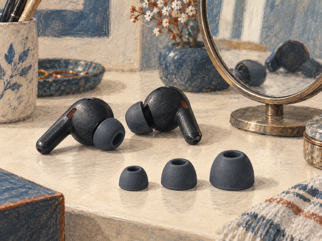 Unbranded earbuds beside three different sizes of removable ear tips.