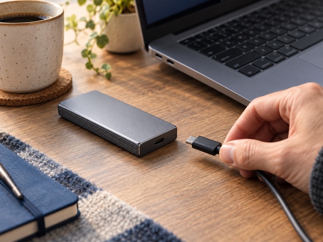 A hand holding a disconnected USB connector beside a laptop and enclosure