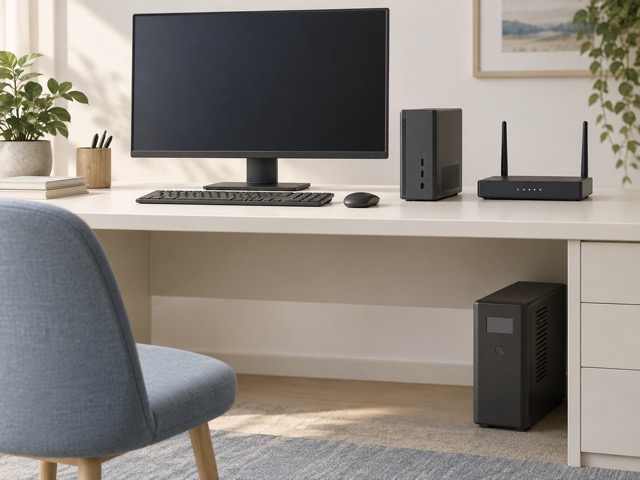A desktop computer, monitor and router with a compact UPS nearby.