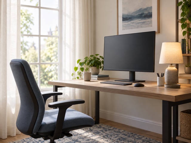 An empty desk and chair with a softly lit window beside the working position.