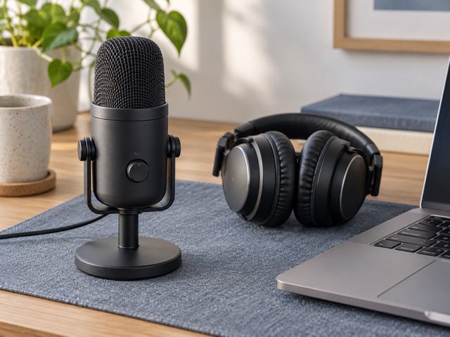 A generic desk microphone and headphones beside the edge of a laptop.