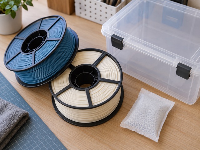 Two generic filament spools beside a storage box and desiccant pouch.