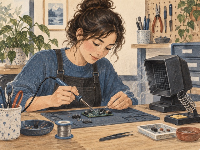 A practice circuit board and soldering equipment on a work mat.