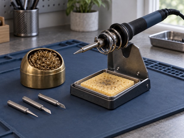 A soldering iron and tip-cleaning accessories on a tidy workbench.