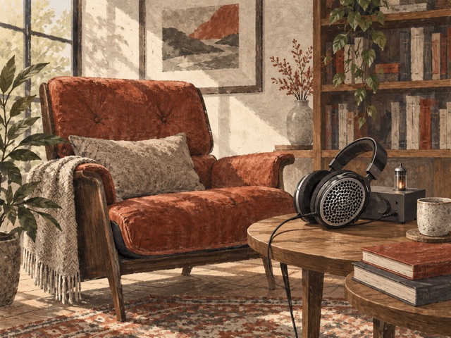 Open-back headphones and an amplifier beside an empty reading chair.