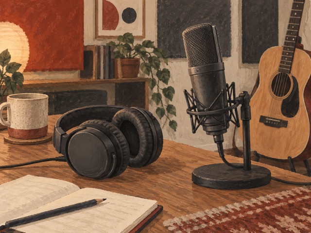 Closed-back headphones beside an unbranded microphone and acoustic guitar.