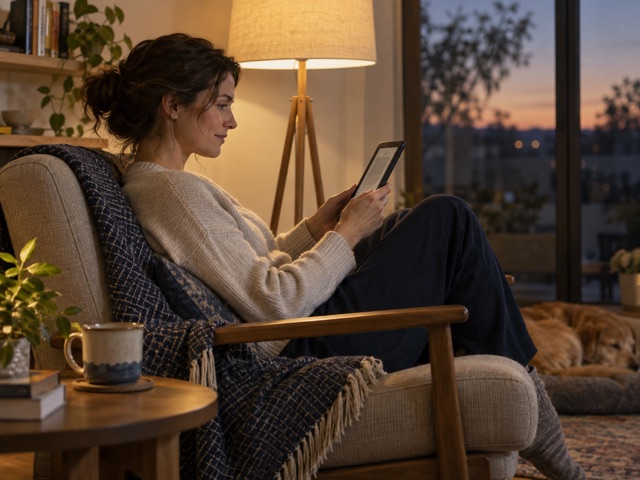 A woman reading an unbranded e-reader beside a warm lamp at dusk.