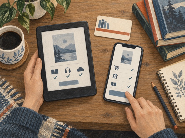 An e-reader, phone, books and library card on a wooden desk.
