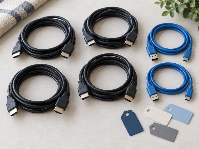 Coiled display and USB cables with blank identification tags.