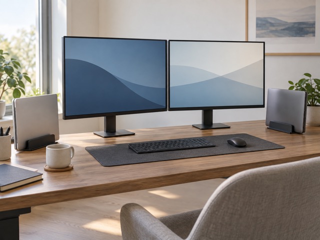 Two generic monitors and two laptops sharing a keyboard and mouse.