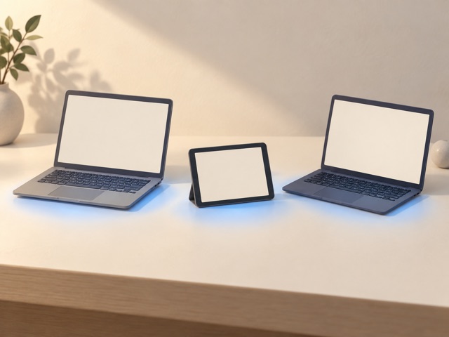 Two generic laptops and a tablet arranged as three separate work devices.