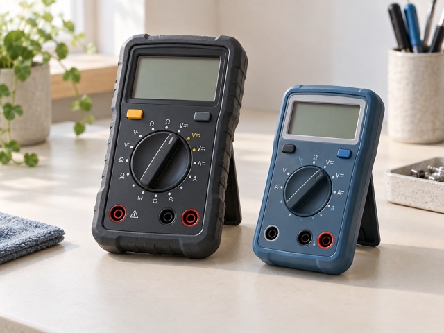 Two generic multimeters with blank displays and no connected probes.
