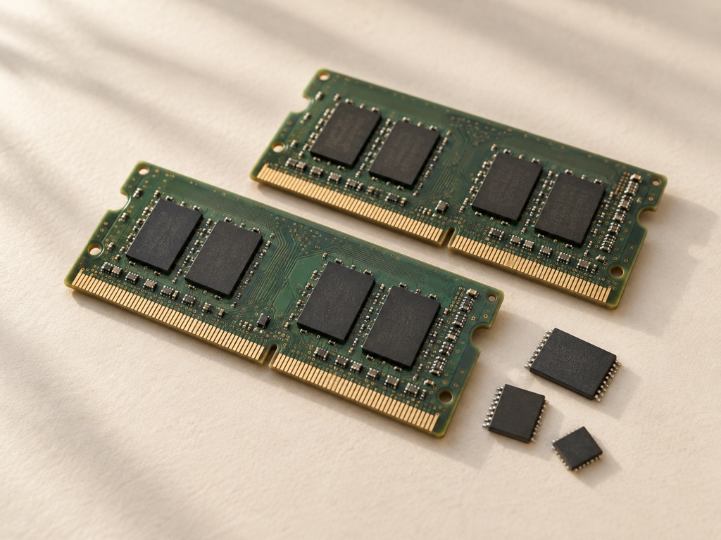 An illustration of two removable memory modules beside separate memory chips.