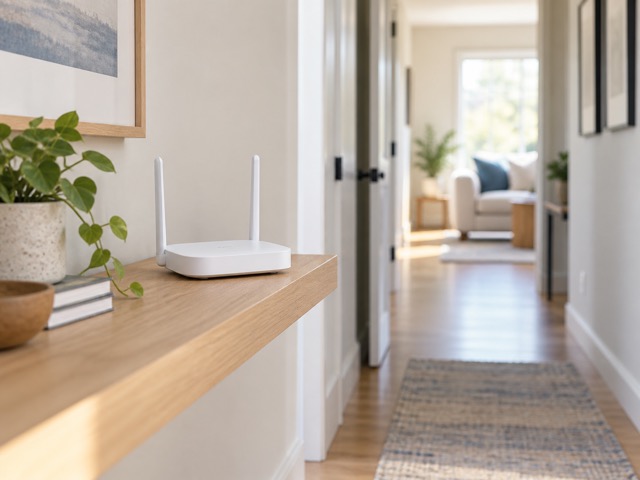 An unbranded mesh router placed in the open on a shelf.