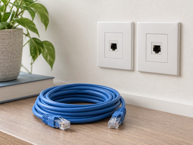 Ethernet cable beside wall network sockets.