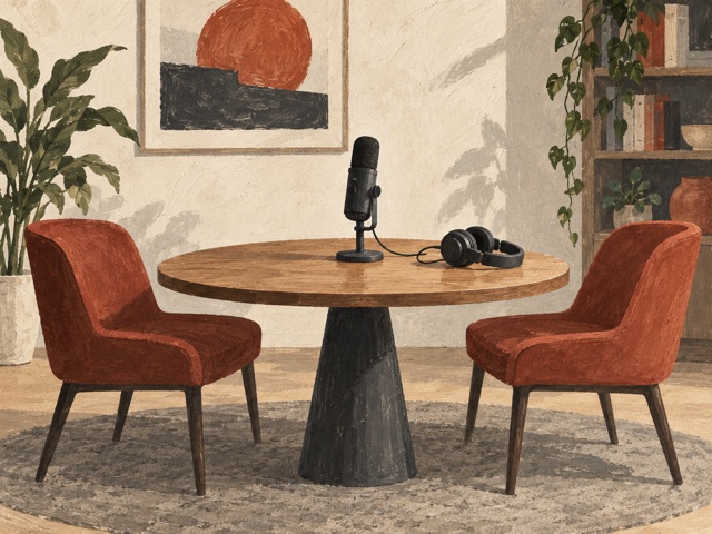 Two empty chairs facing a table with an unbranded microphone and headphones.