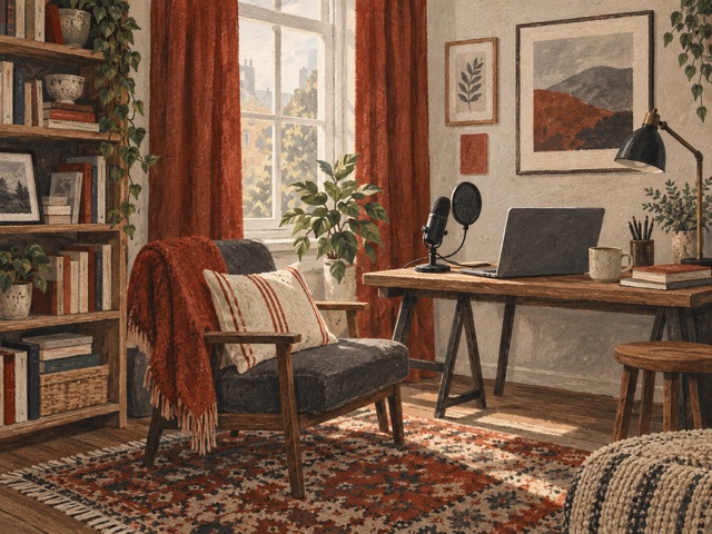 A home recording corner with curtains, rug, books and an unbranded microphone.