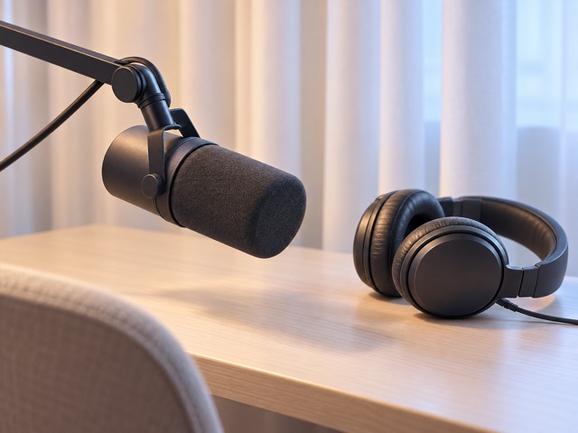 An unbranded end-address microphone on a boom beside headphones and a curtain.